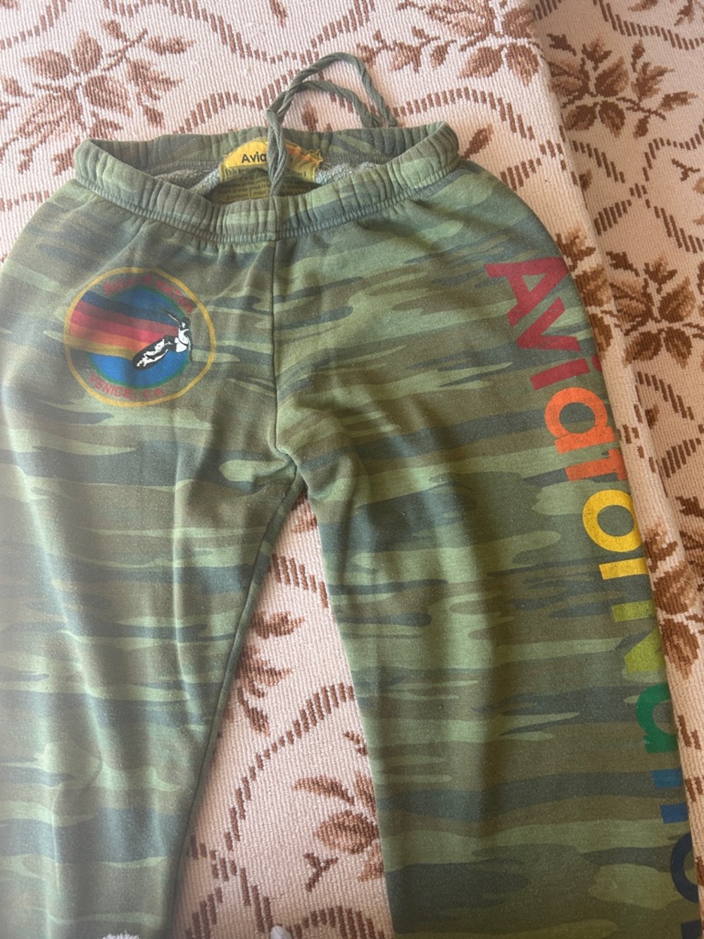 Aviator Nation Camo adult sweatpants with Rainbow Side Logo